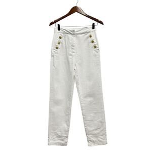 Zara Gold Button High Waisted Straight Leg Ankle Pants White Cotton size Small